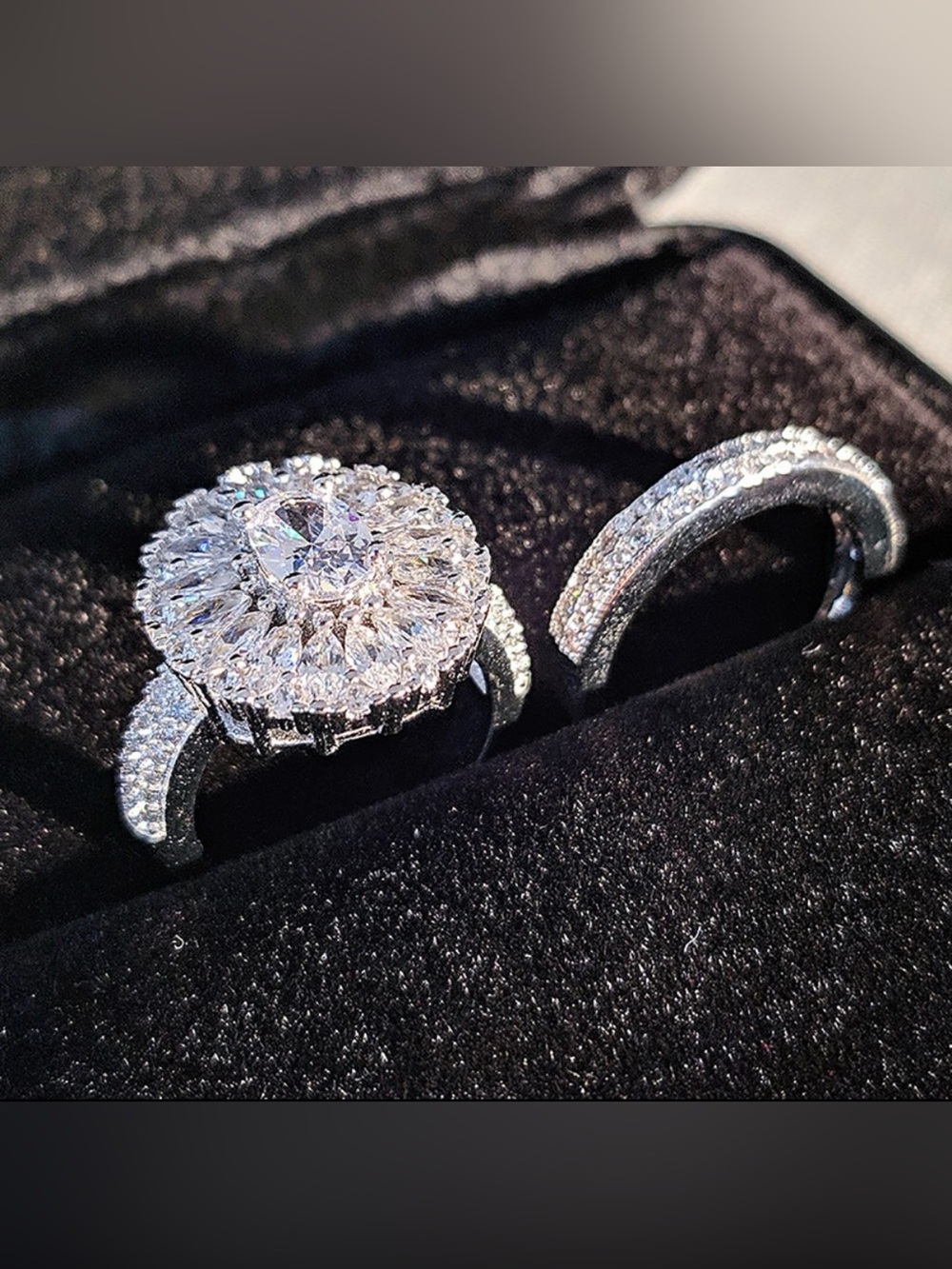 S925 Oval Floral Halo Bridal Ring Set with Sparkling Matching Band (R5)